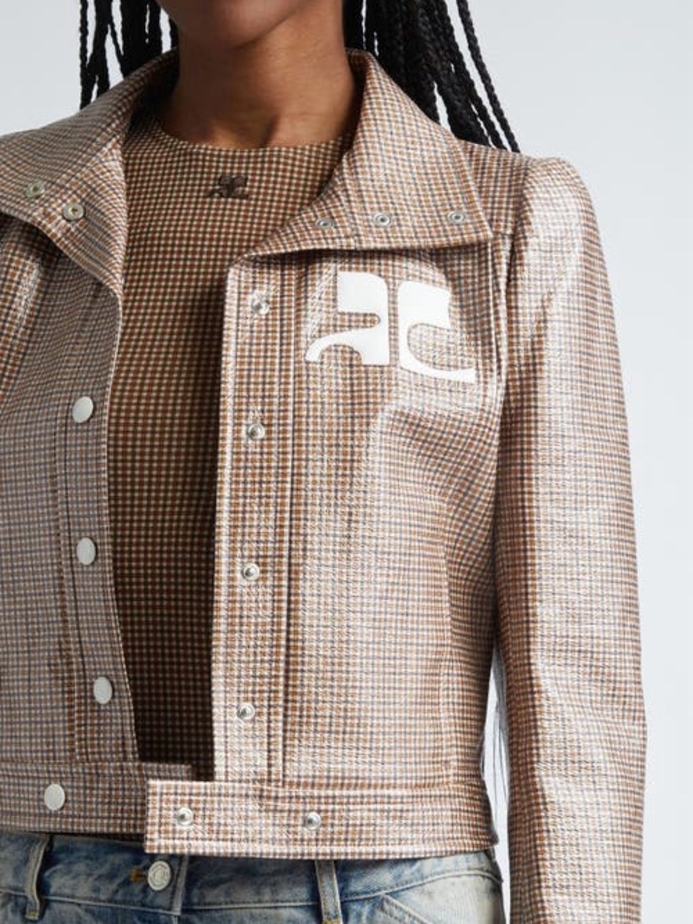 Checked Tan Logo Crop Jacket - Women